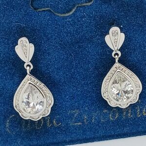 Vintage 1990s Pear Cut Cubic Zirconia Silver Tone Drop Earrings Rare New on Card